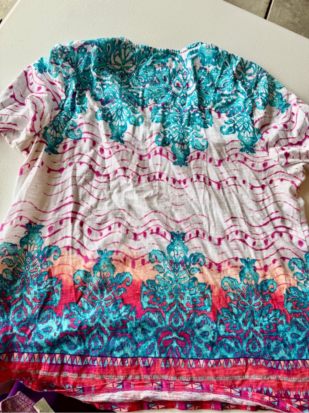 Chico's Teal, Pink and Coral Off-Shoulder Floral Border Top